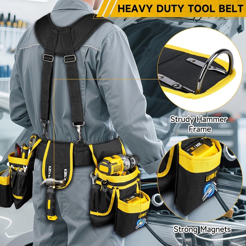 LEFORZ Tool Belt with Suspenders,27-Pockets Heavy Duty Tool Belts for Men with Magnetic Tool Pouch,Detachable & Adjustable Work Belt Bag for Electrician,Carpenter,Construction,Utility Toolbelt,Black,Yellow - Image 3